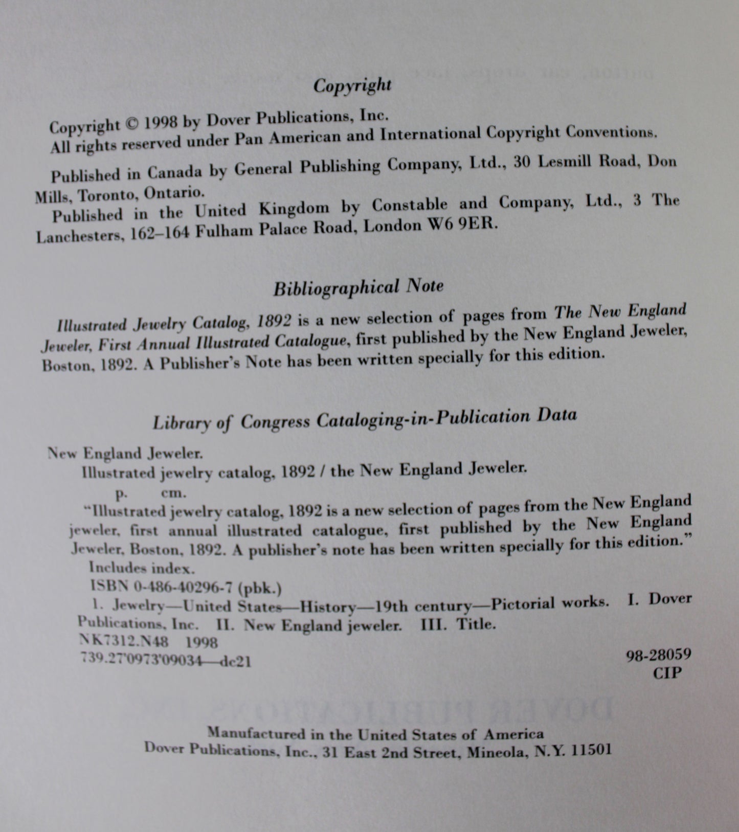 First Print 1998 Illustrated Jewelry Catalog 1892 The New England Jeweler