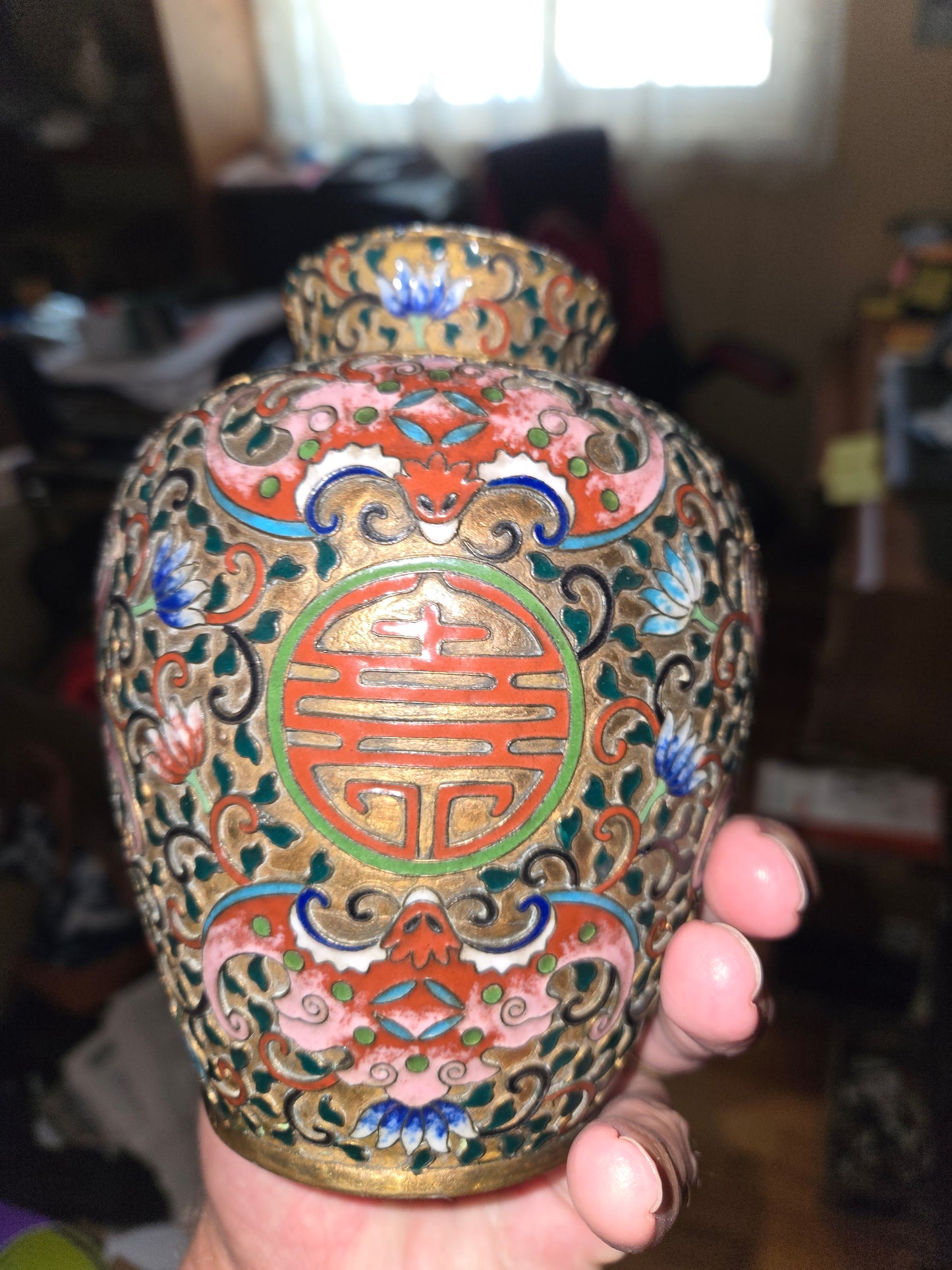 Ju 寿 Chinese ~ Cloisonné Enamel ~ Floral Scroll Lotus ~ Ginger Jar - * Da Ming