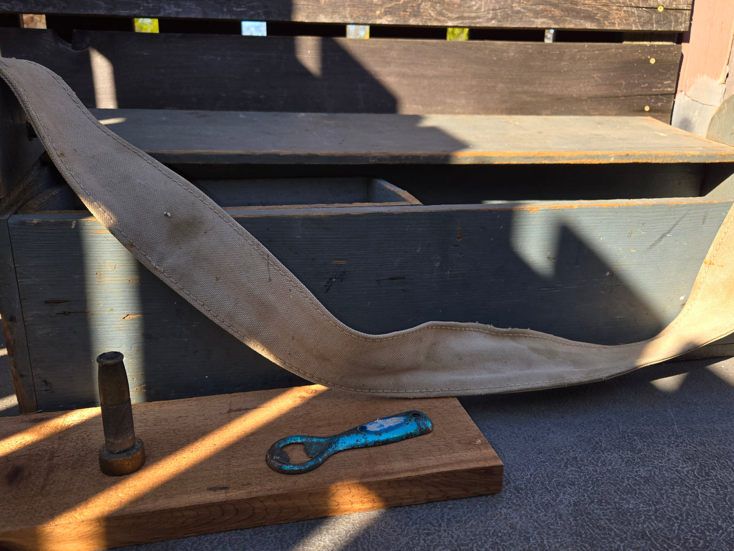Old Carpenter's Wooden Toolbox Caddy - canvas strap