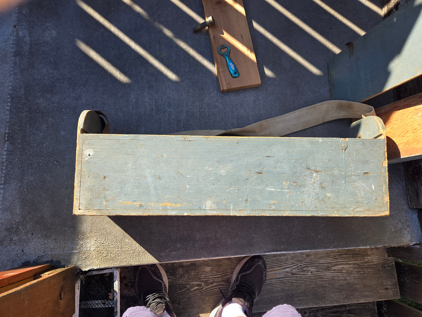 Old Carpenter's Wooden Toolbox Caddy - canvas strap