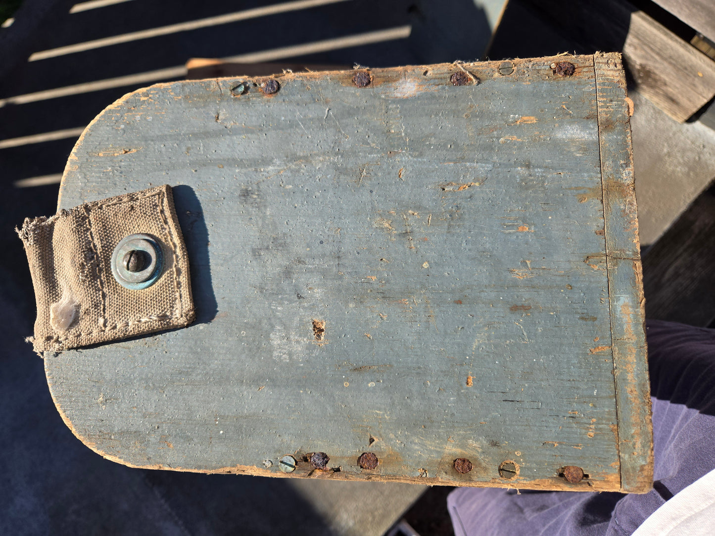 Old Carpenter's Wooden Toolbox Caddy - canvas strap
