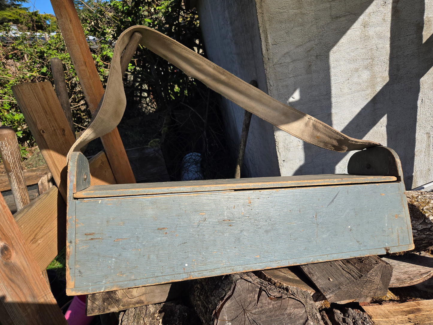 Old Carpenter's Wooden Toolbox Caddy - canvas strap