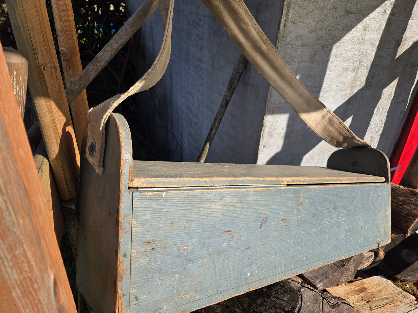 Old Carpenter's Wooden Toolbox Caddy - canvas strap