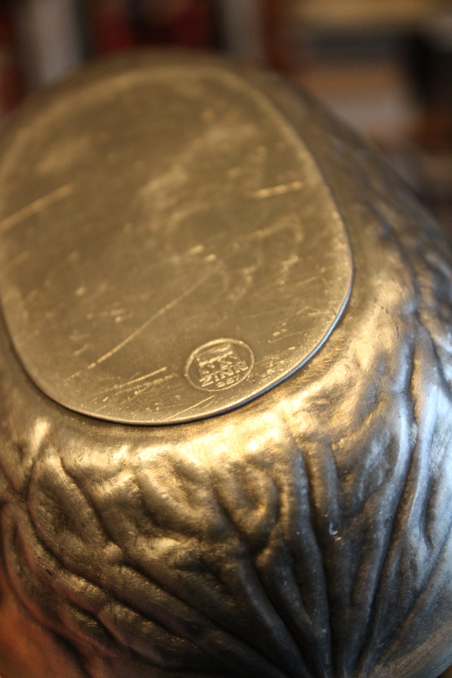 SKS Zinn stamped ~ 95% Pewter ~ Walnut shaped tray - Germany