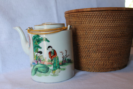 Jiangxi Zhen Pin Porcelain ~ Early Chinese - Teapot & Basket - Famille Rose