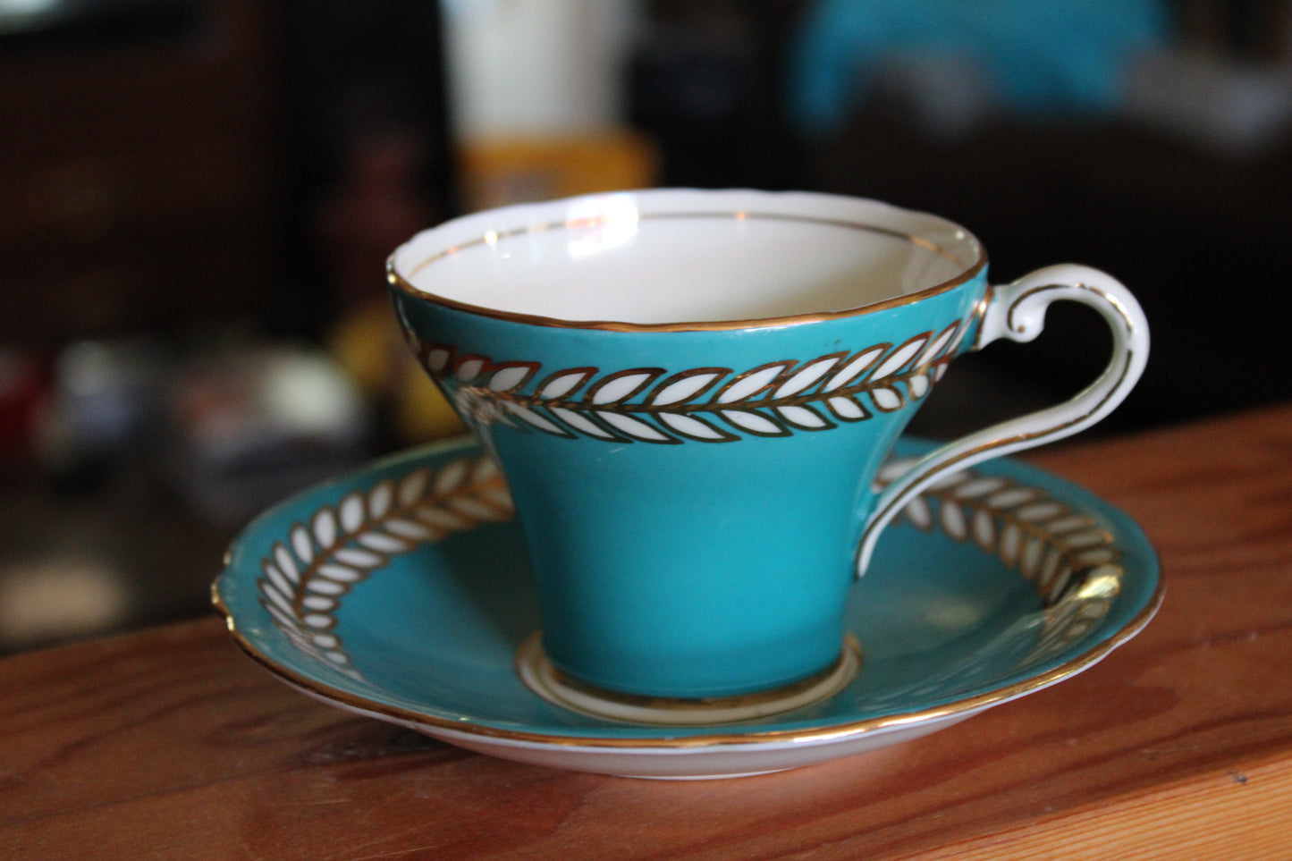 AYNSLEY Turquoise Corset #4984 Gold Gilded Laurel Tea Cup and Saucer