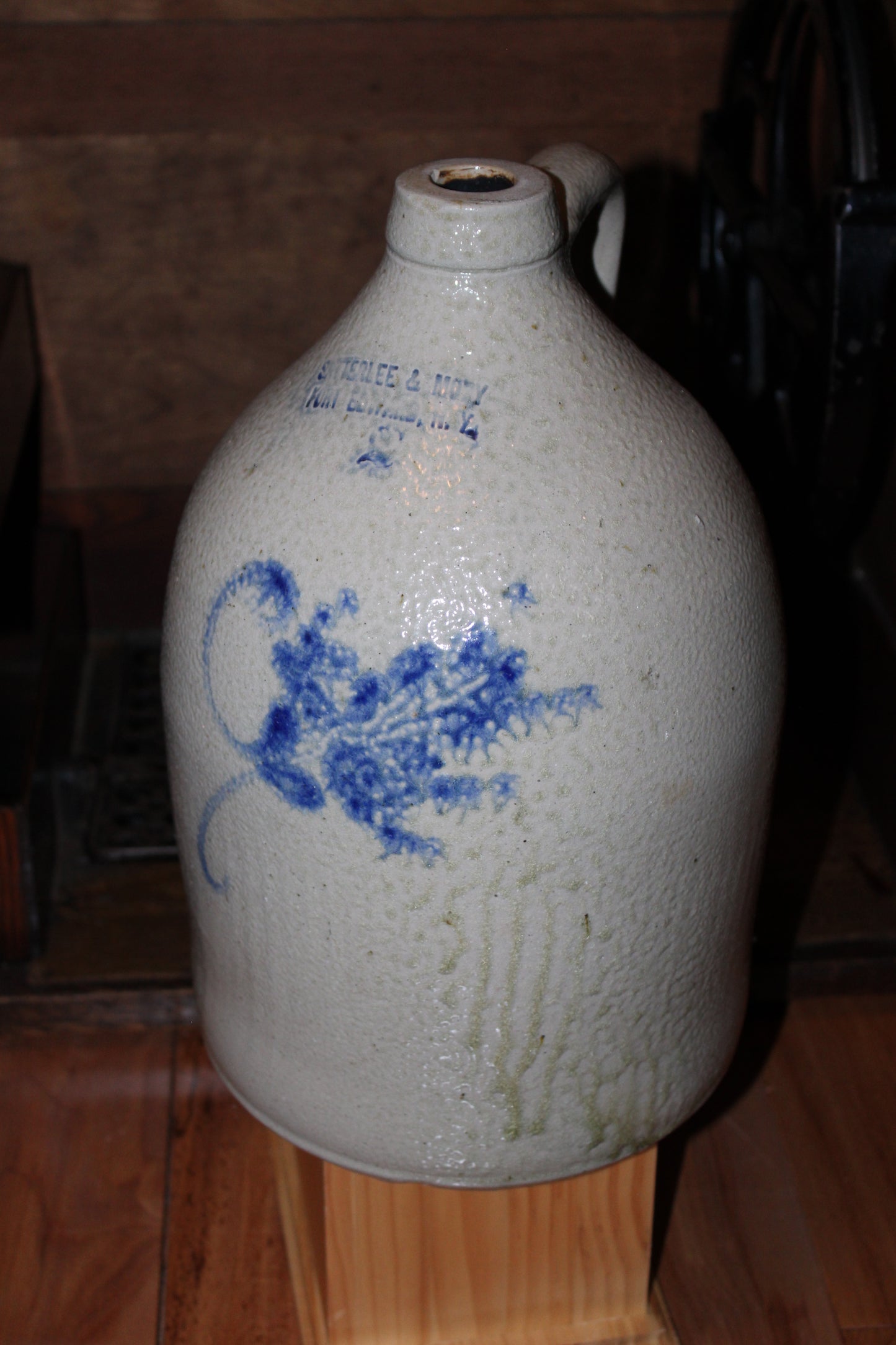 Rare Satterlee & Mory Fort Edwards N.Y. - Antique Jug Crock Cobalt Blue on Grey