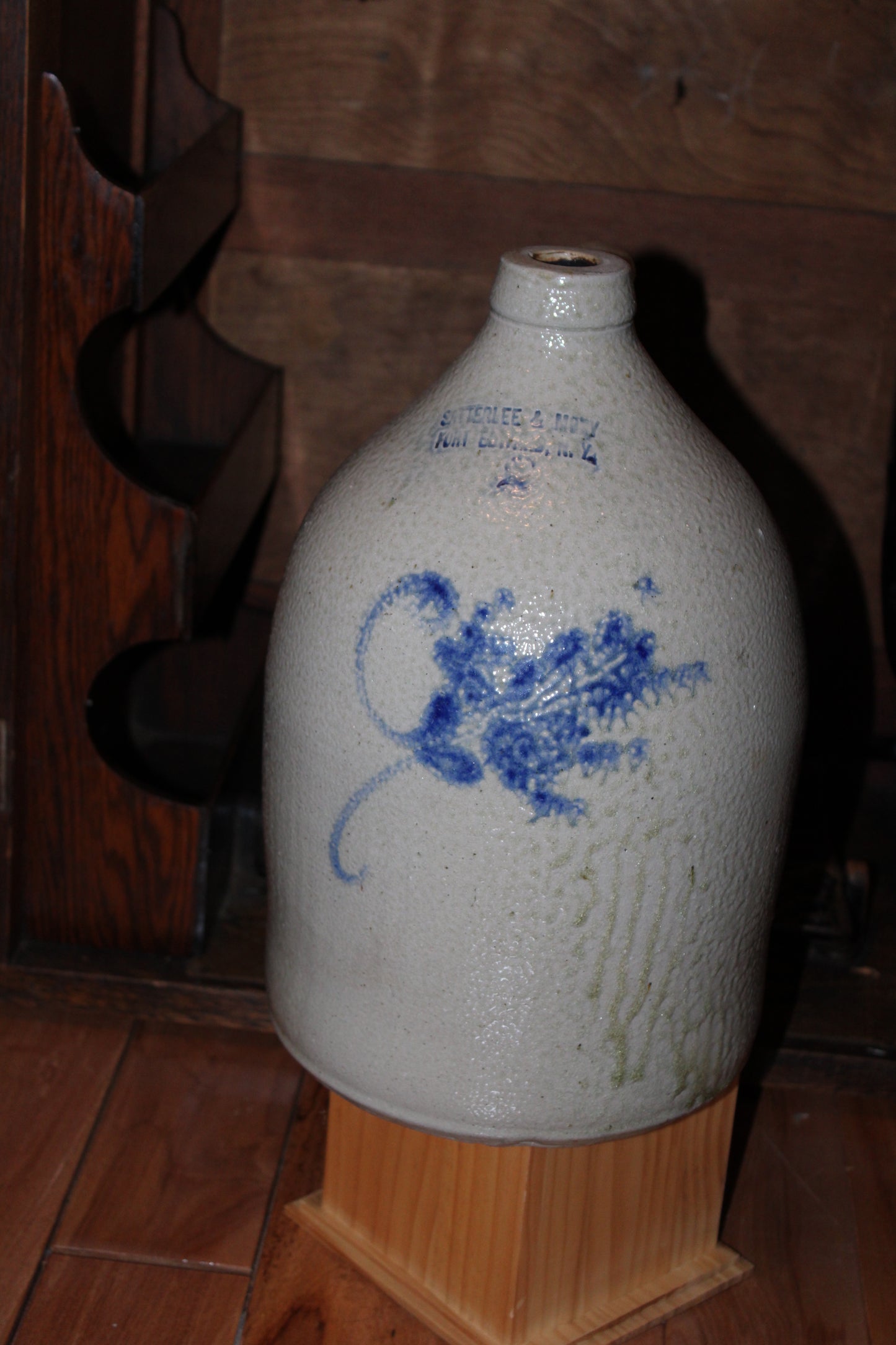 Rare Satterlee & Mory Fort Edwards N.Y. - Antique Jug Crock Cobalt Blue on Grey