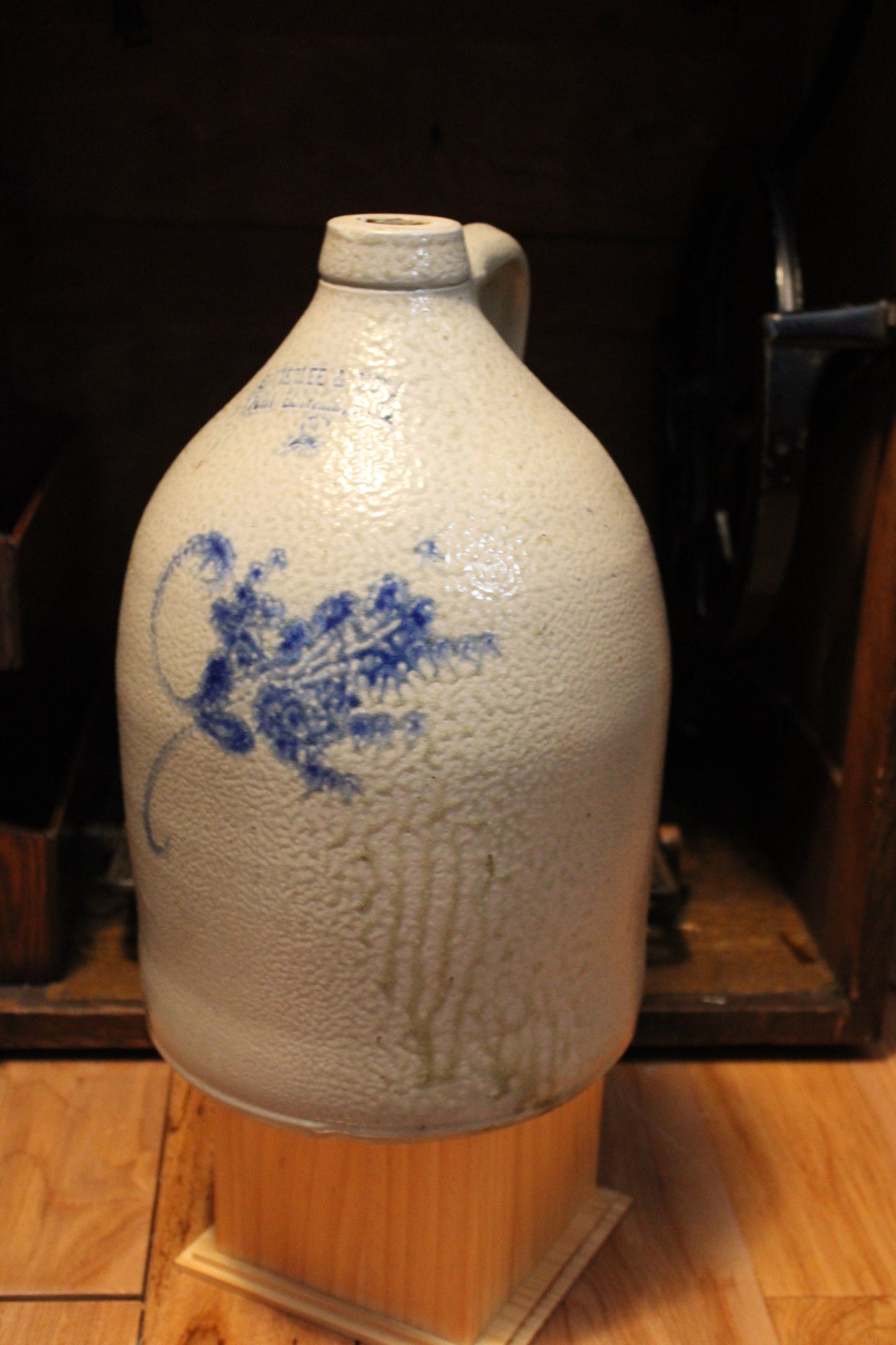 Rare Satterlee & Mory Fort Edwards N.Y. - Antique Jug Crock Cobalt Blue on Grey