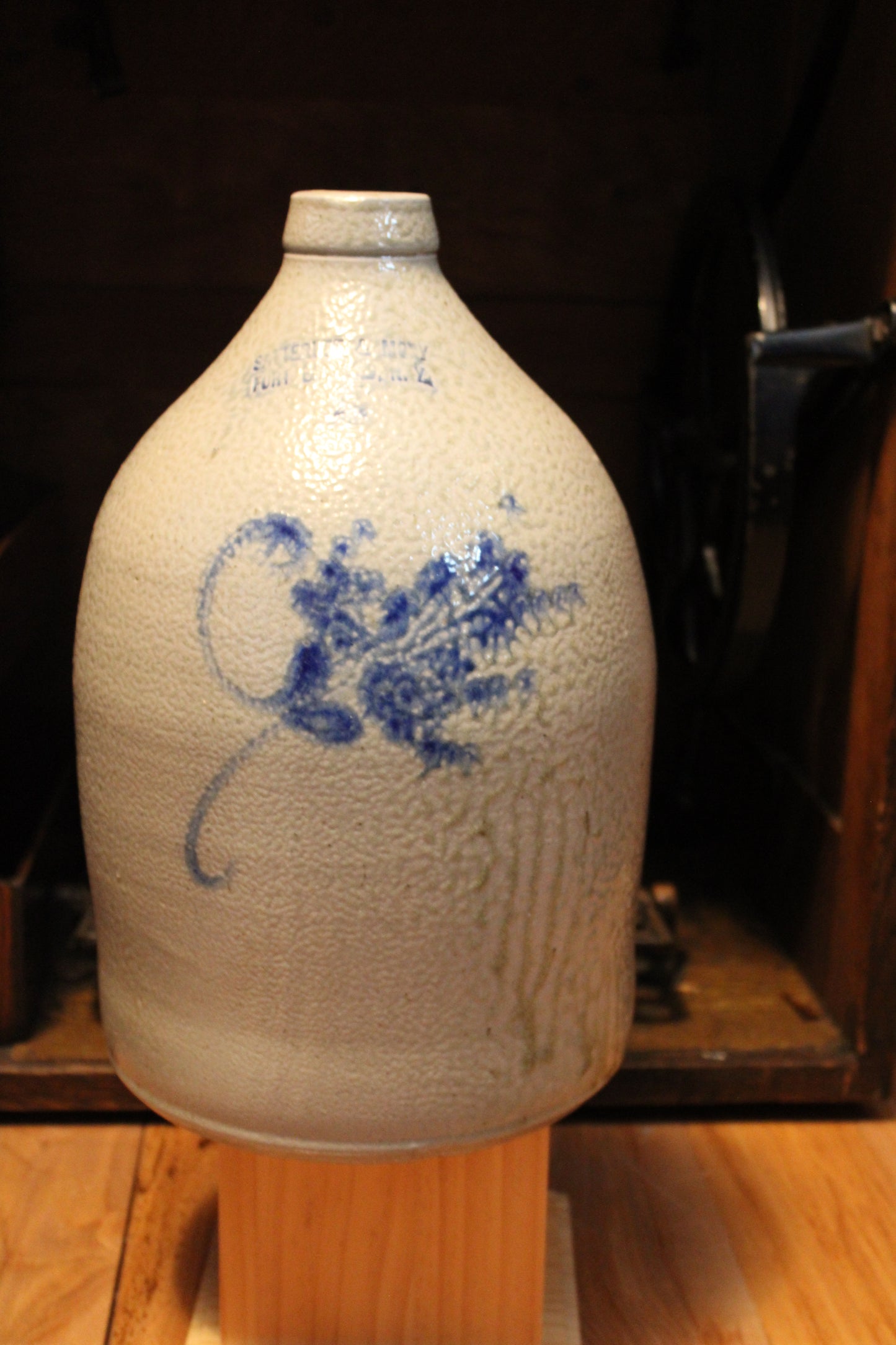 Rare Satterlee & Mory Fort Edwards N.Y. - Antique Jug Crock Cobalt Blue on Grey