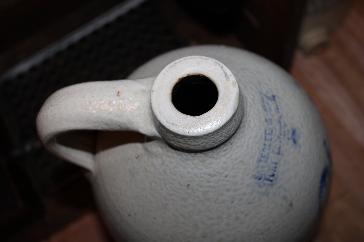 Rare Satterlee & Mory Fort Edwards N.Y. - Antique Jug Crock Cobalt Blue on Grey