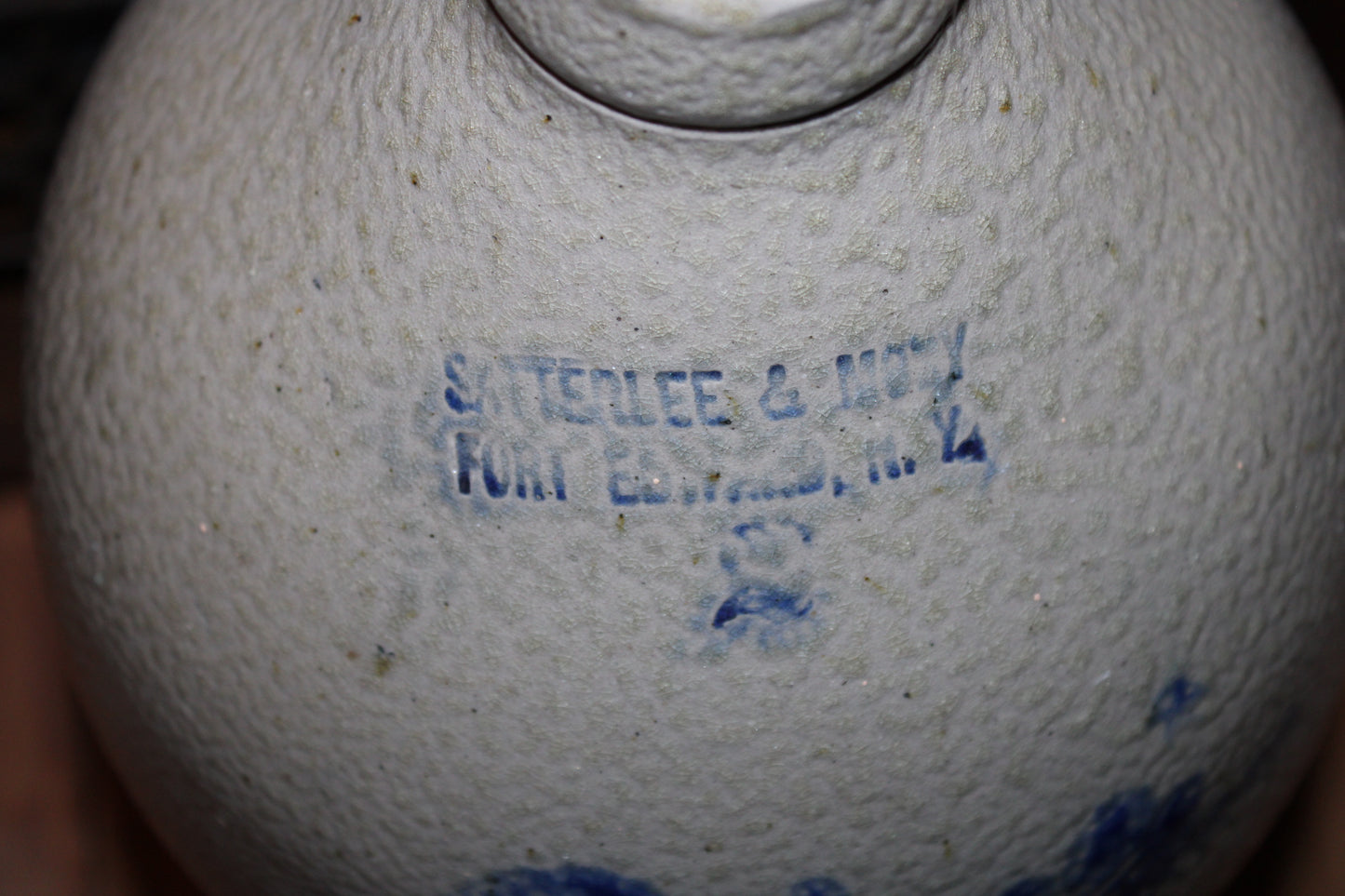 Rare Satterlee & Mory Fort Edwards N.Y. - Antique Jug Crock Cobalt Blue on Grey