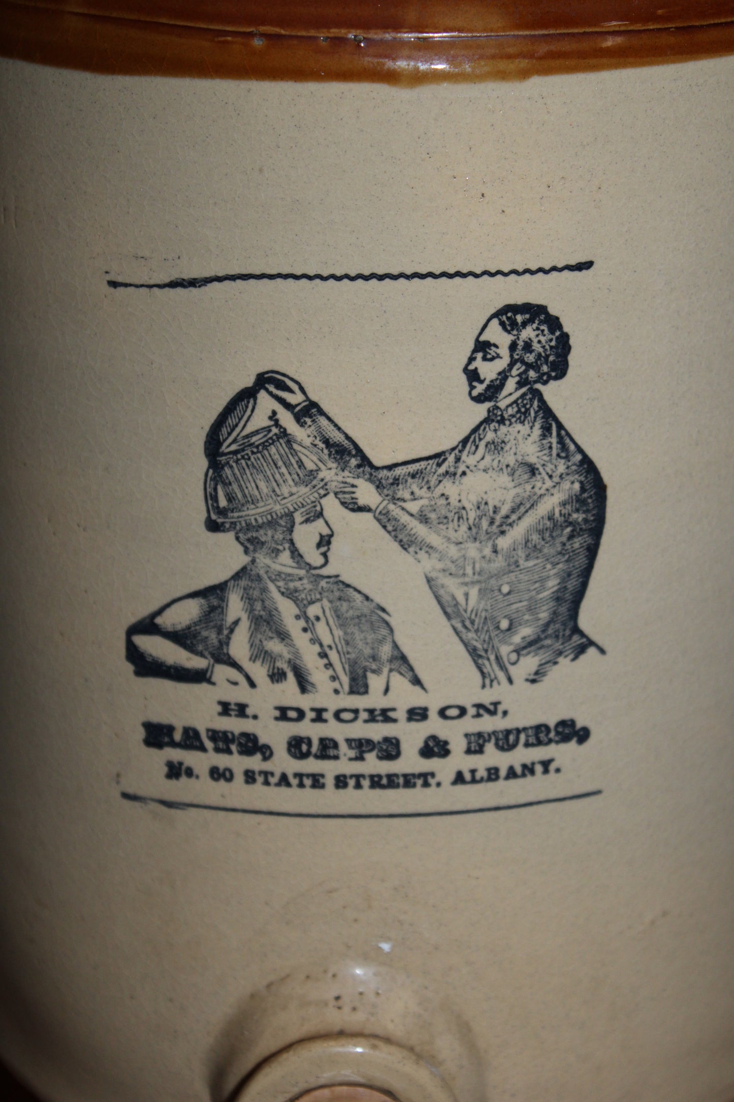 Albany N.Y. ~ Crock Stoneware Jug ~ H. Dickson Hats Caps Furs - 60 State Street