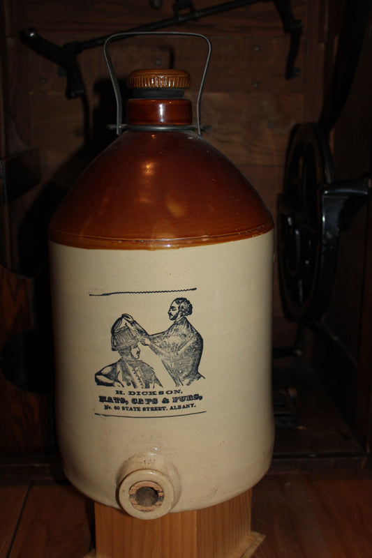 Albany N.Y. ~ Crock Stoneware Jug ~ H. Dickson Hats Caps Furs - 60 State Street