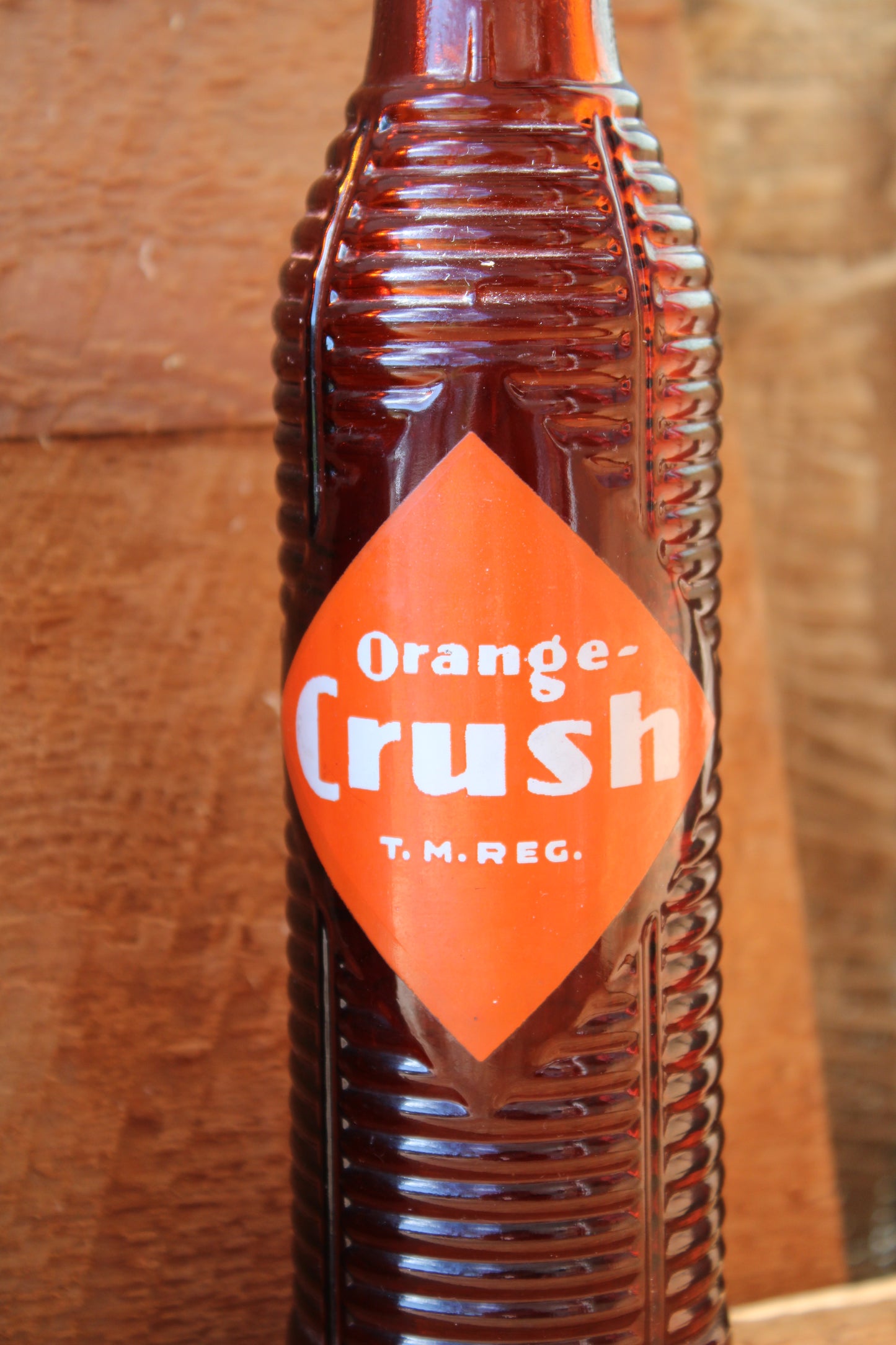 Circa 1940s Orange Crush ~ Crushy mascot ~ Lot of four ~ Brown Soda bottles
