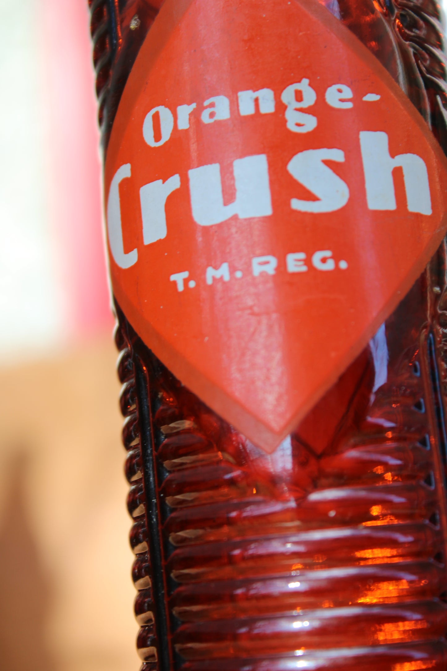 Circa 1940s Orange Crush ~ Crushy mascot ~ Lot of four ~ Brown Soda bottles