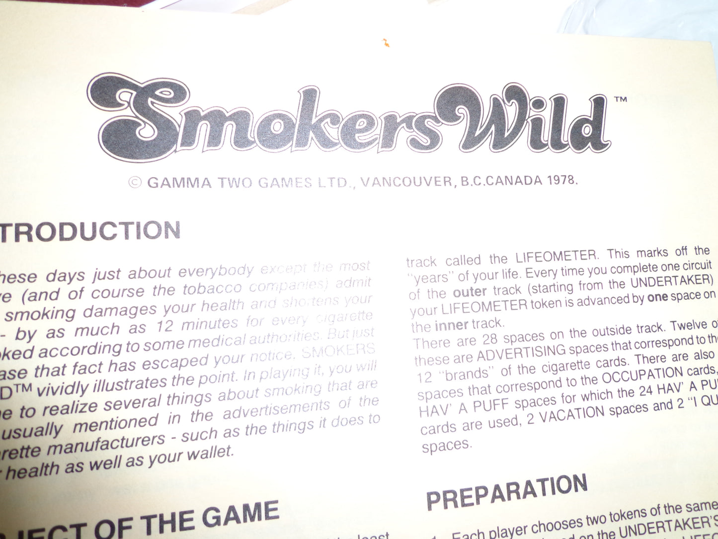 1978 Smokers Wild board Game